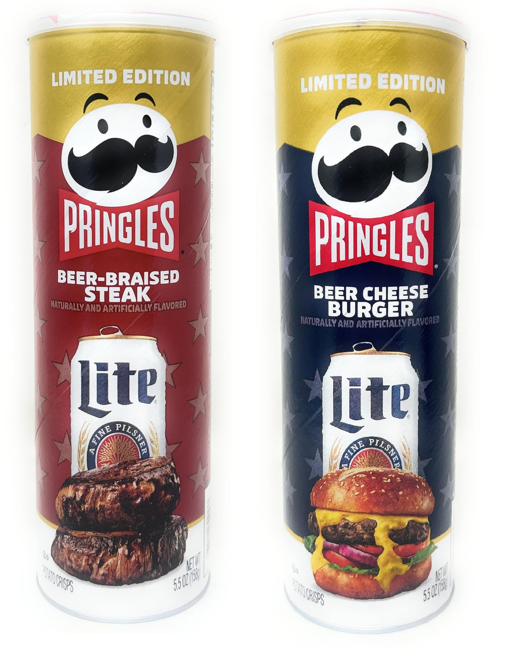 Pringles pack frontal con latas Beer-Braised Steak y Beer Cheese Burger mostrando diseño