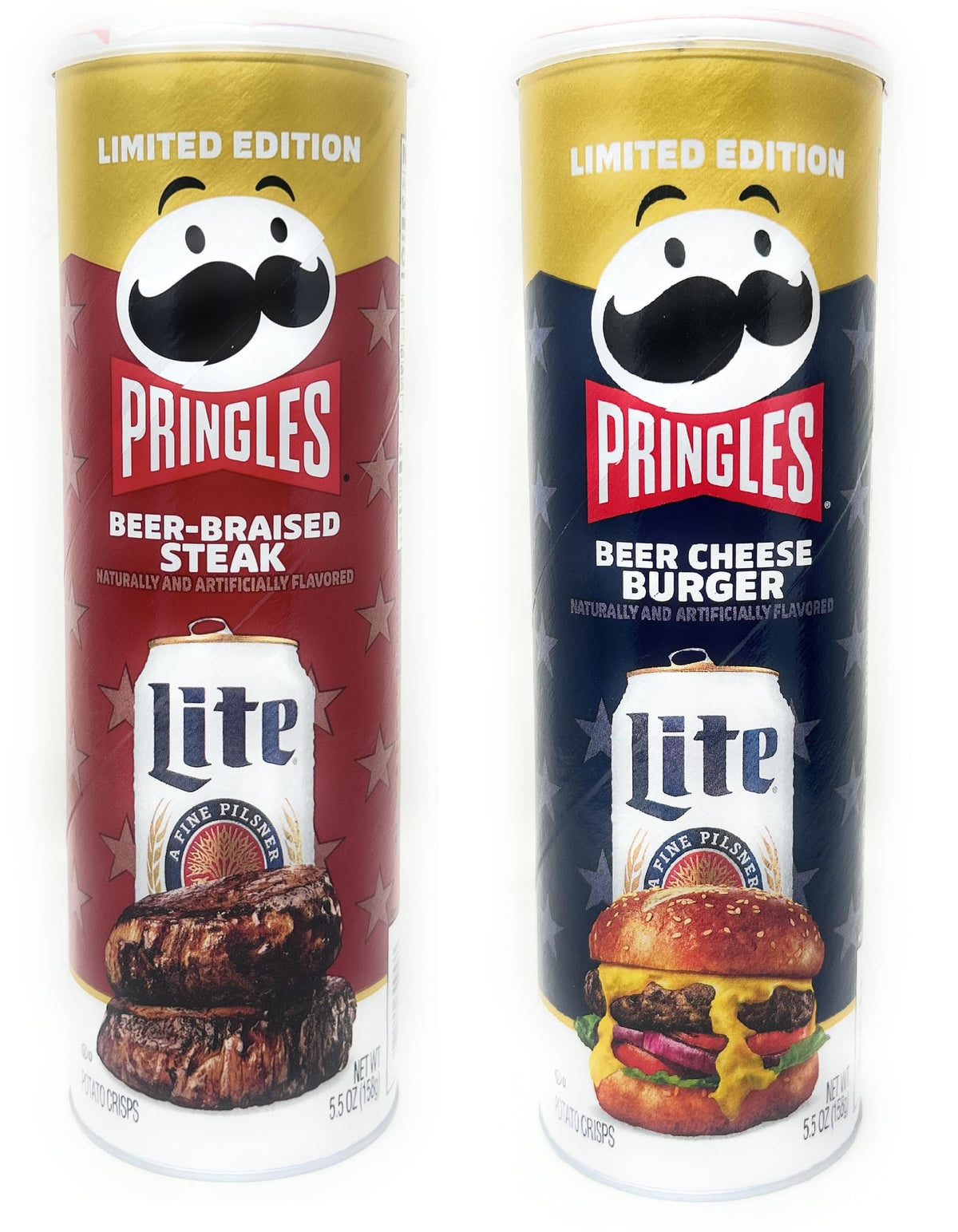 Pringles pack frontal con latas Beer-Braised Steak y Beer Cheese Burger mostrando diseño