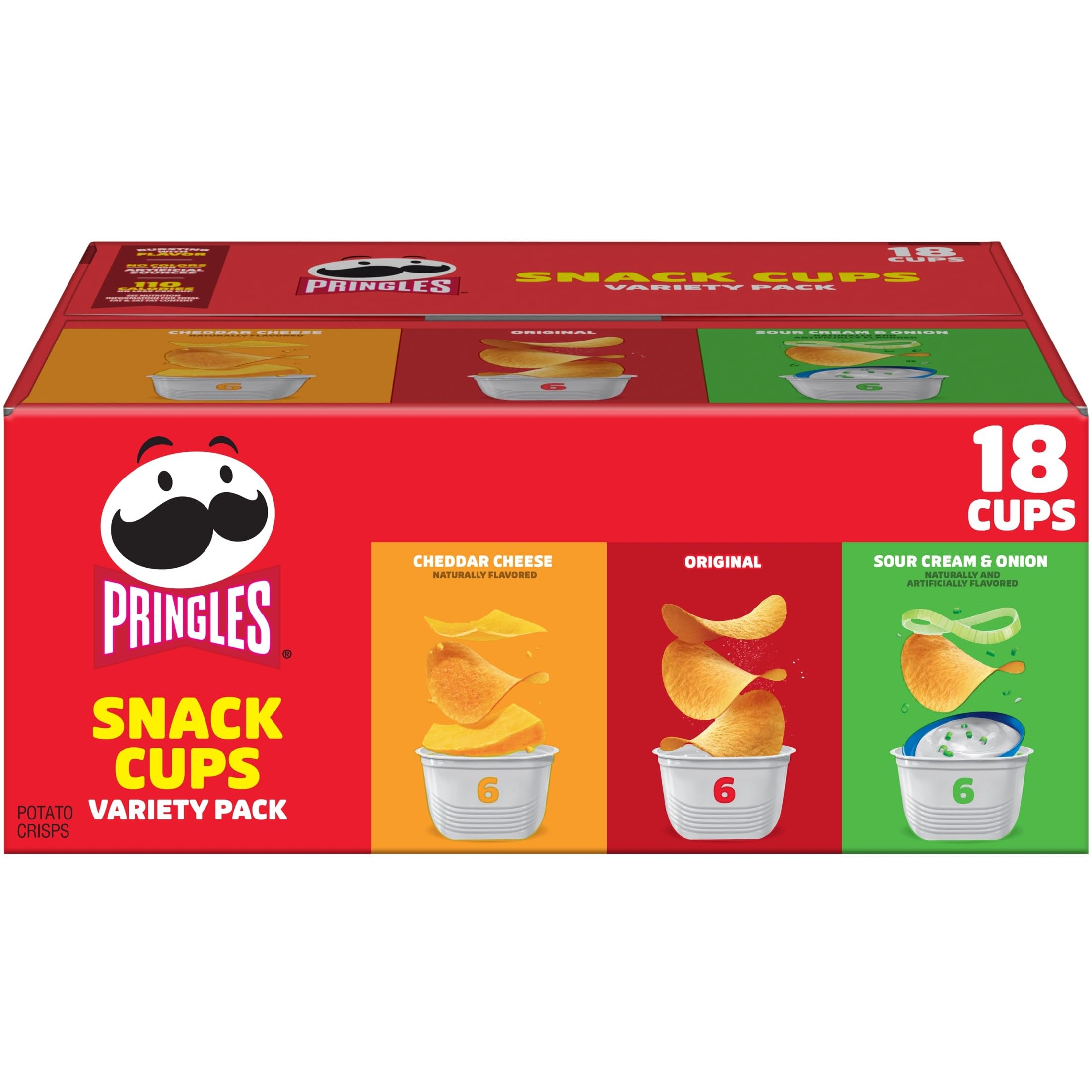 Pringles paquete variedad frontal mostrando 18 vasos y beneficios de portabilidad