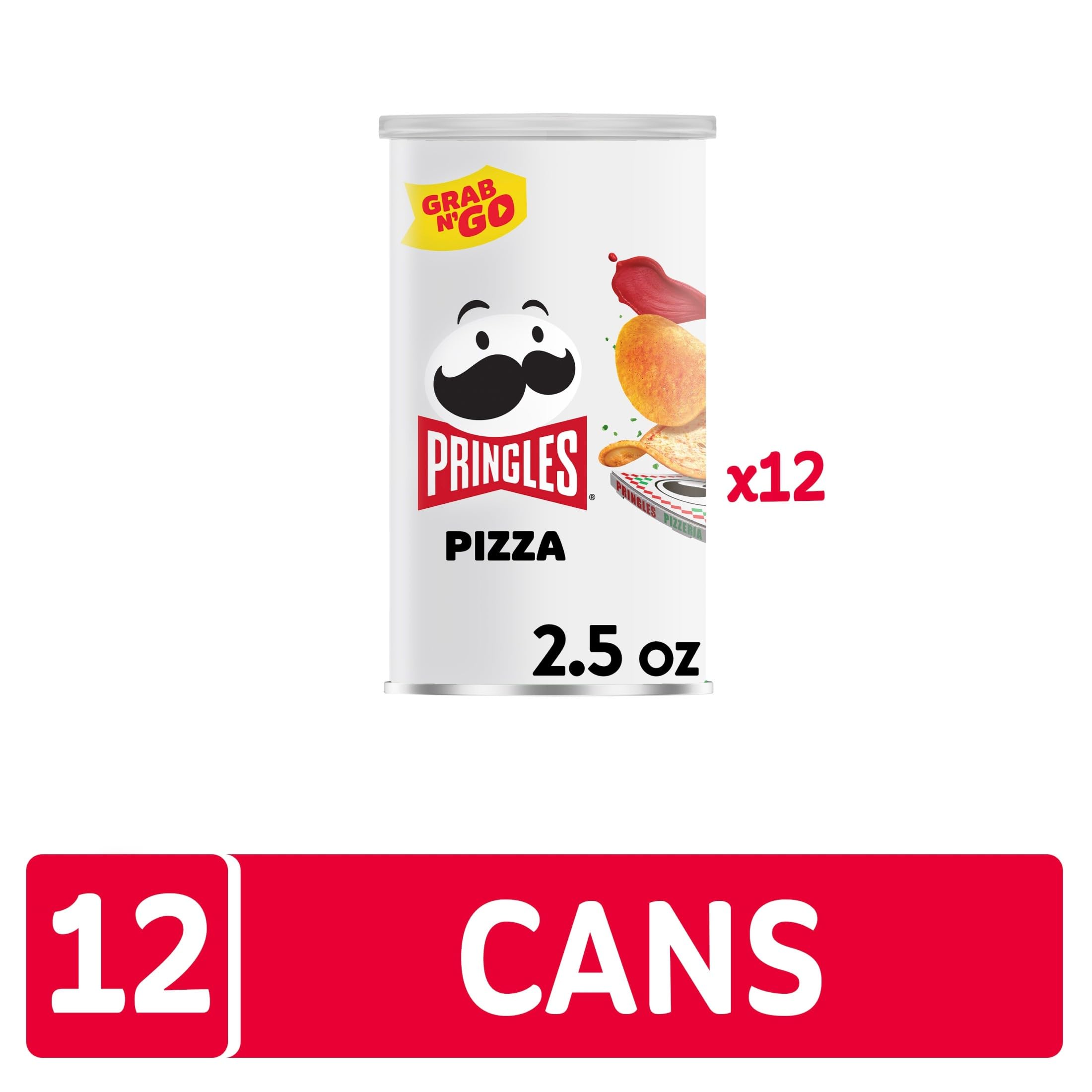 Comparación de tamaño de lata Pringles Pizza junto a una mano para referencia Pringles