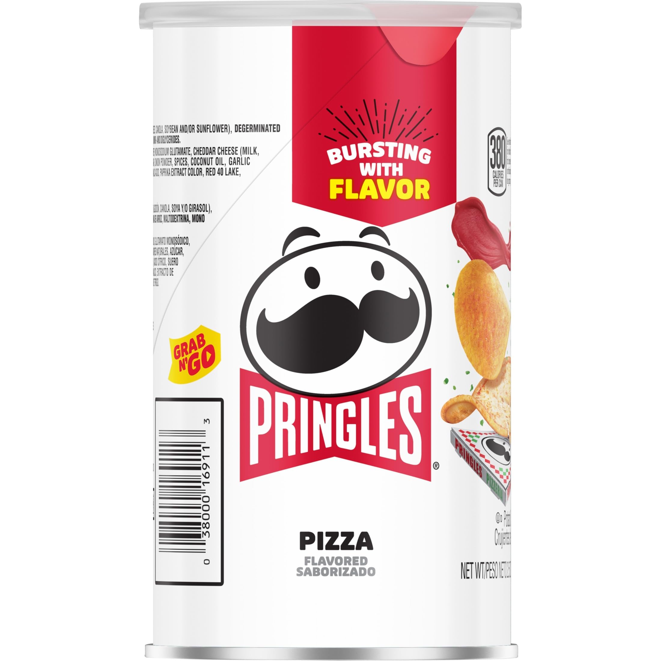 Primer plano de la etiqueta de ingredientes en lata Pringles Pizza para revisar Pringles