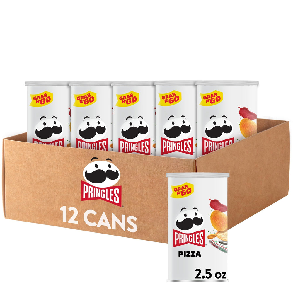 Pringles lata Pizza al frente mostrando el diseño y conveniencia de marca Pringles
