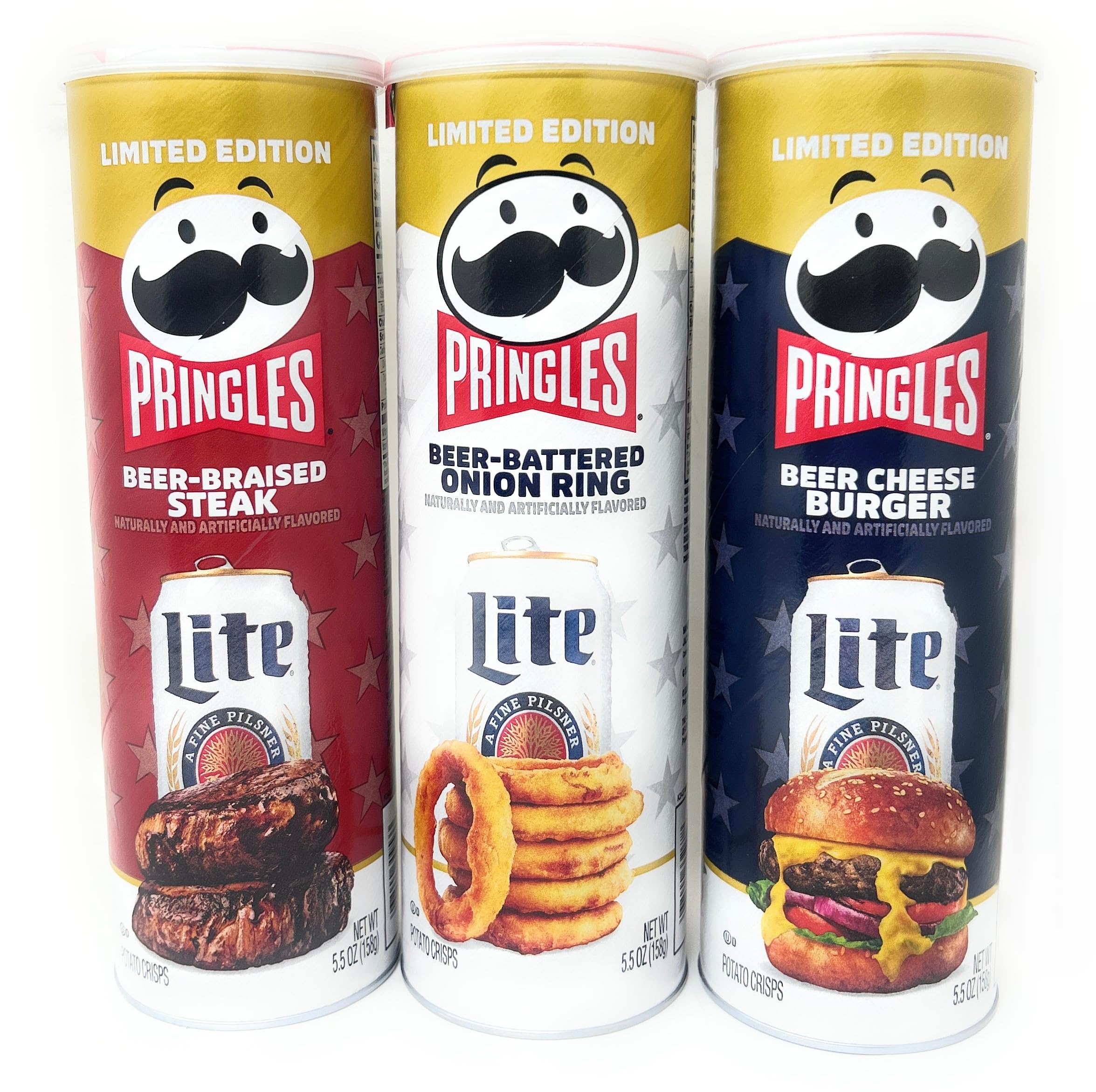 Pringles vista frontal de las tres latas mostrando variedad y conveniencia