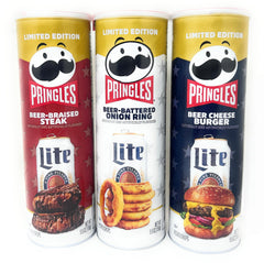 Pringles vista frontal de las tres latas mostrando variedad y conveniencia