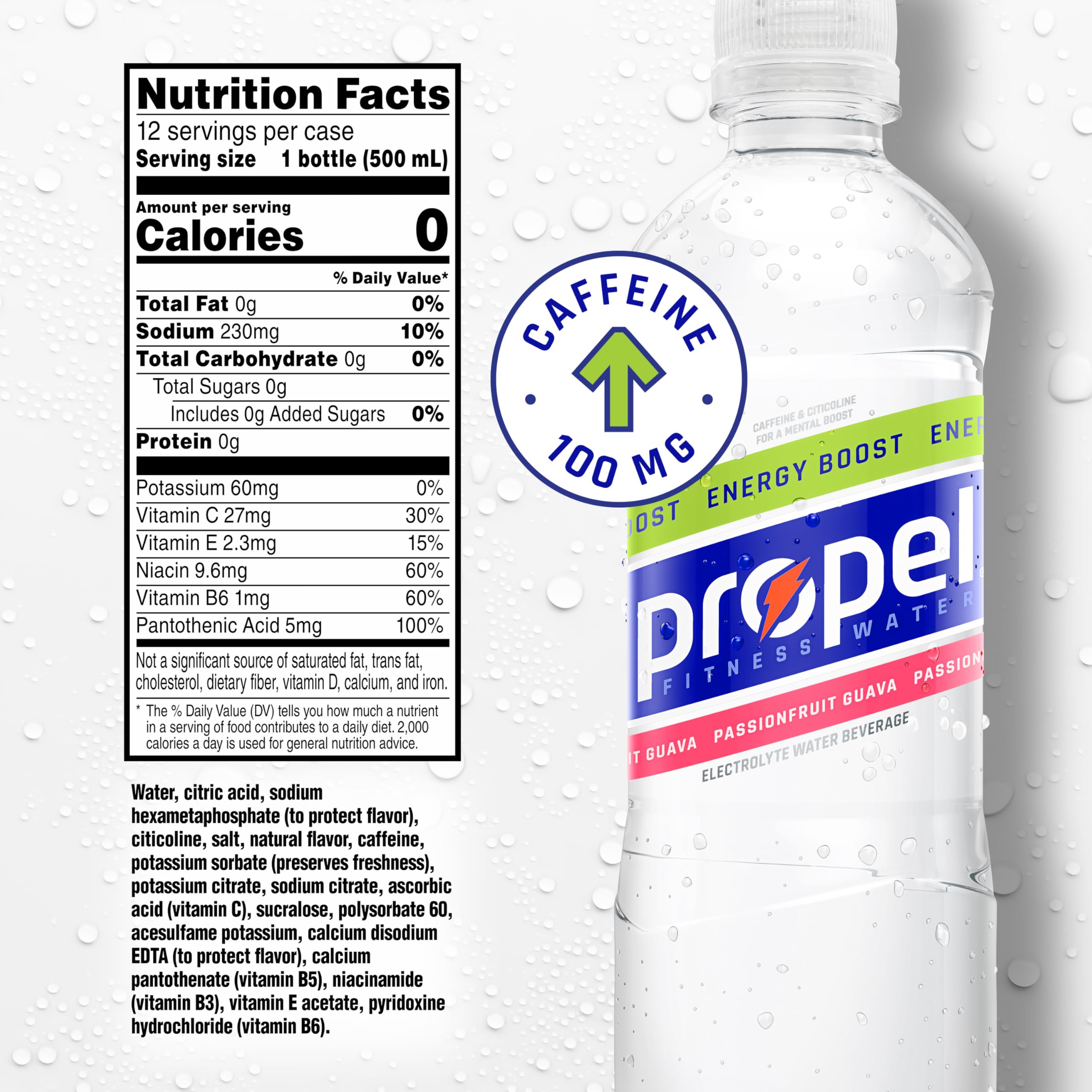 Propel etiqueta y lista de ingredientes enfocadas, evidencia de electrolitos y vitaminas