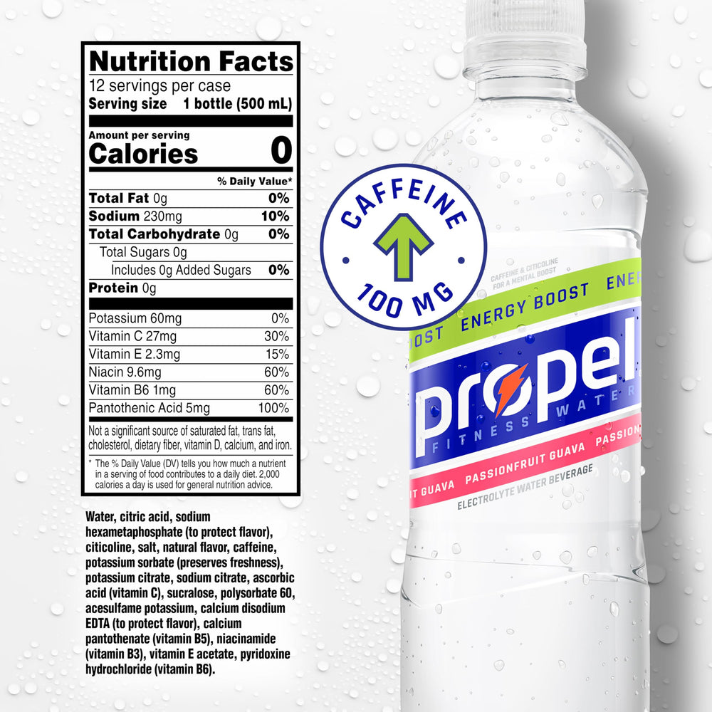 Propel etiqueta y lista de ingredientes enfocadas, evidencia de electrolitos y vitaminas