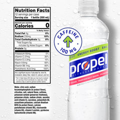 Propel etiqueta y lista de ingredientes enfocadas, evidencia de electrolitos y vitaminas