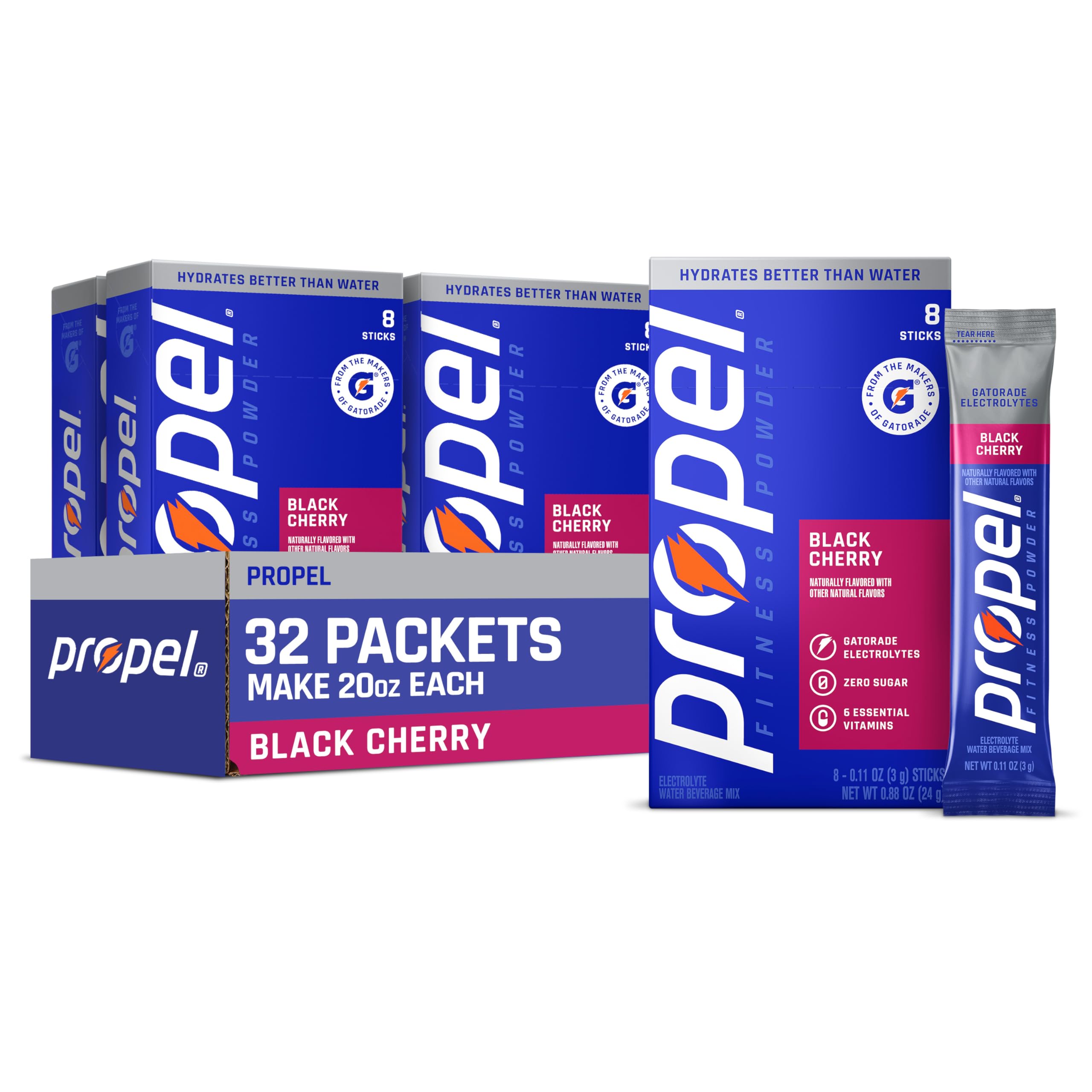 Propel frente del paquete Cereza Negra mostrando 32 porciones y practicidad