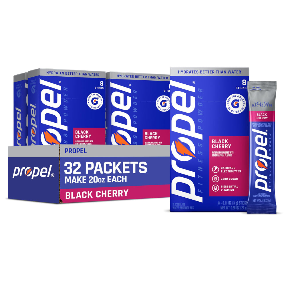 Propel frente del paquete Cereza Negra mostrando 32 porciones y practicidad