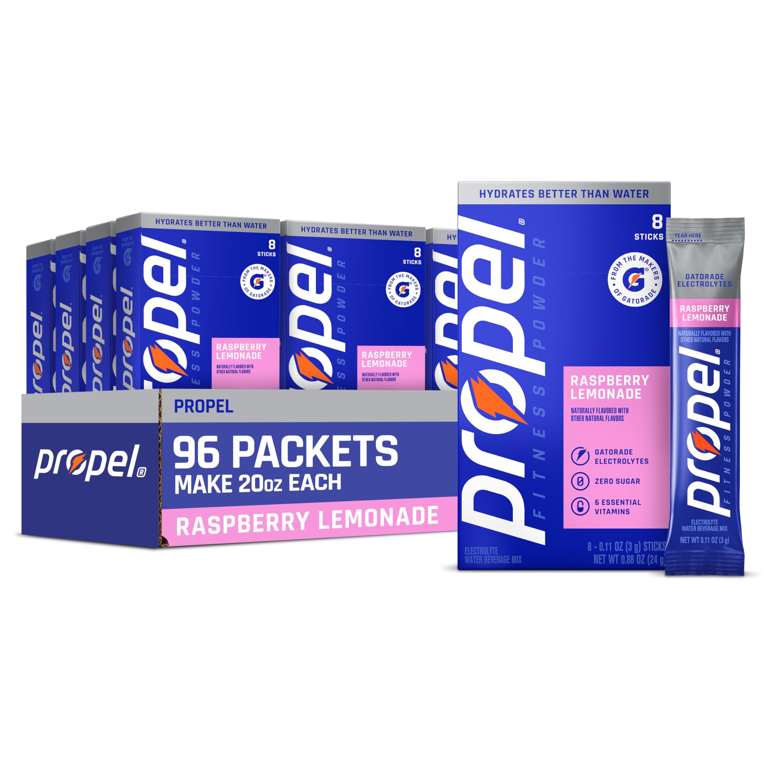 Propel frente del empaque Raspberry Lemonade mostrando el formato de 96 sobres y conveniencia