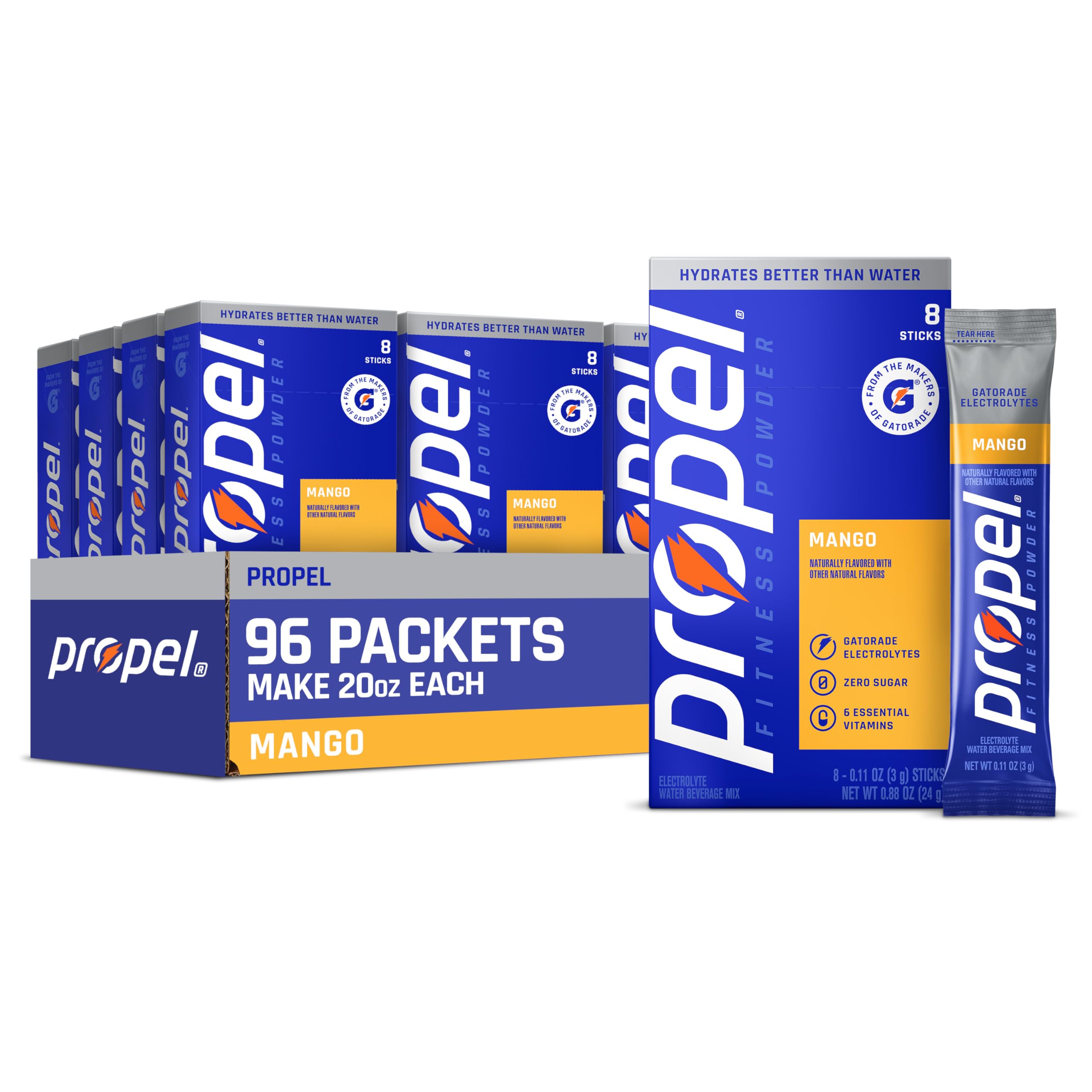 Propel frasco frontal con 96 sobres, presenta conveniencia y porciones listas