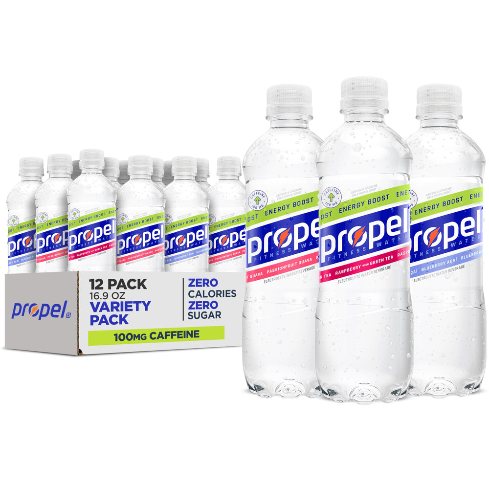 Propel pack frontal mostrando las 12 botellas y variedad de sabores para hidratación