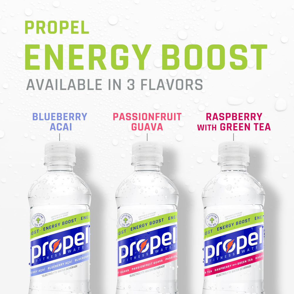 Botella Propel Passion Fruit Guava en primer plano, sabor tropical y revitalizante
