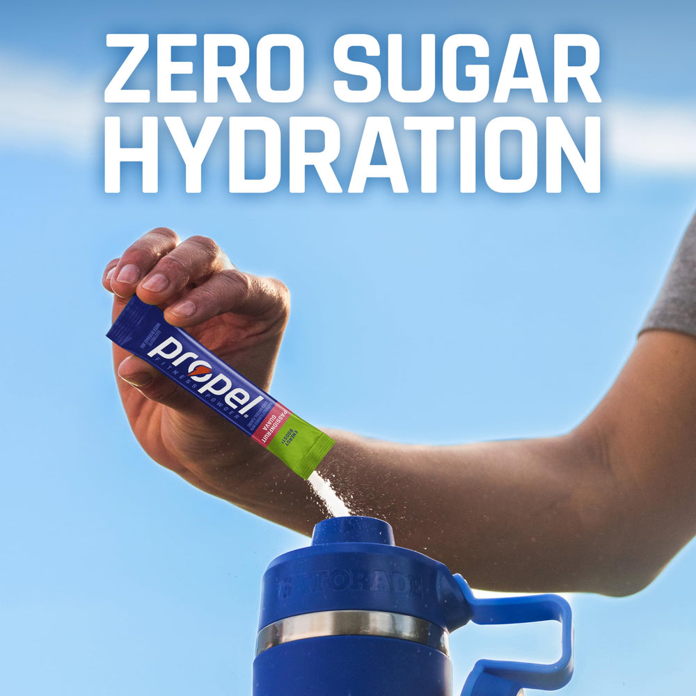 Propel bebida maracuyá guayaba en vaso mostrando energía y sabor