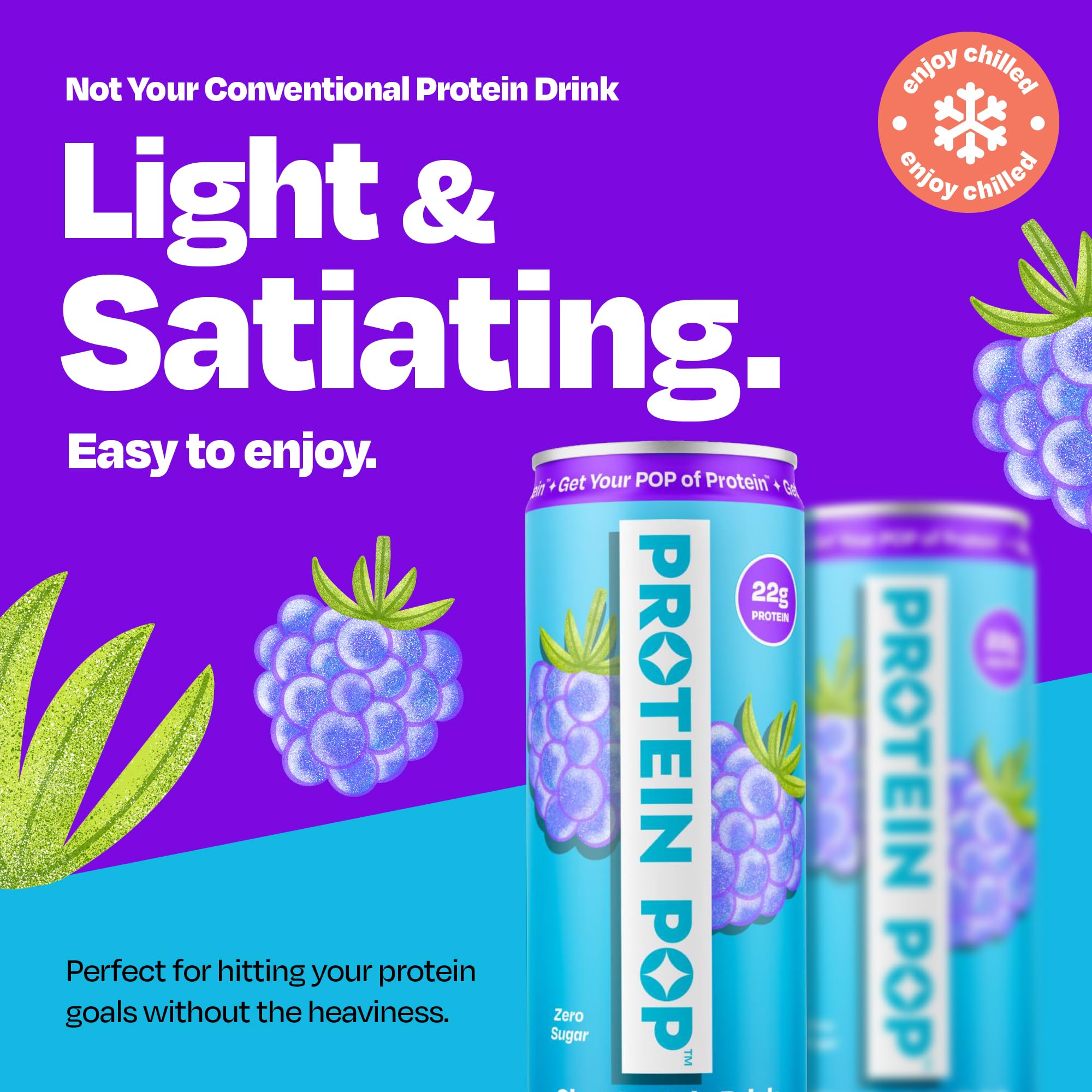 PROTEIN POP etiqueta nutricional enfocada en 22g proteína y 0 g azúcar