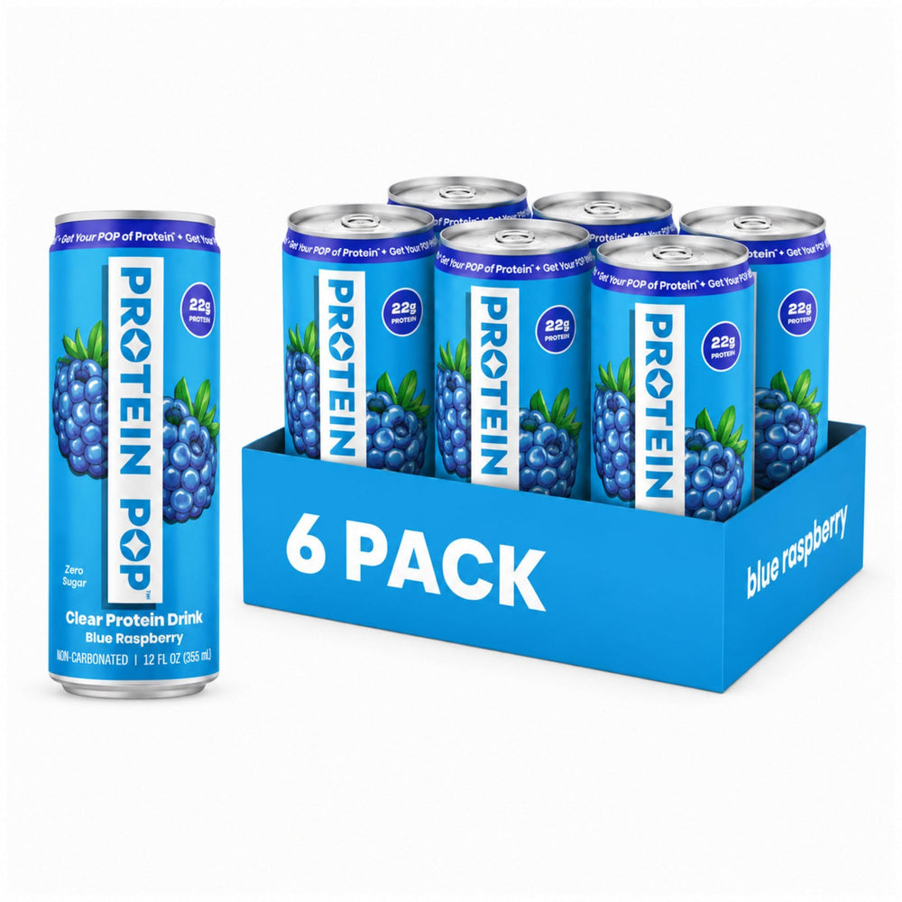 PROTEIN POP lata frontal sabor Blue Raspberry mostrando diseño y ventaja portable