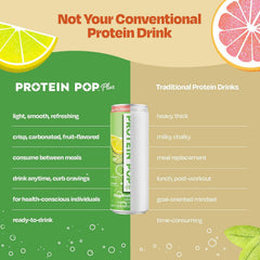 Protein Pop lata junto a botella para comparar tamaño portátil y práctico