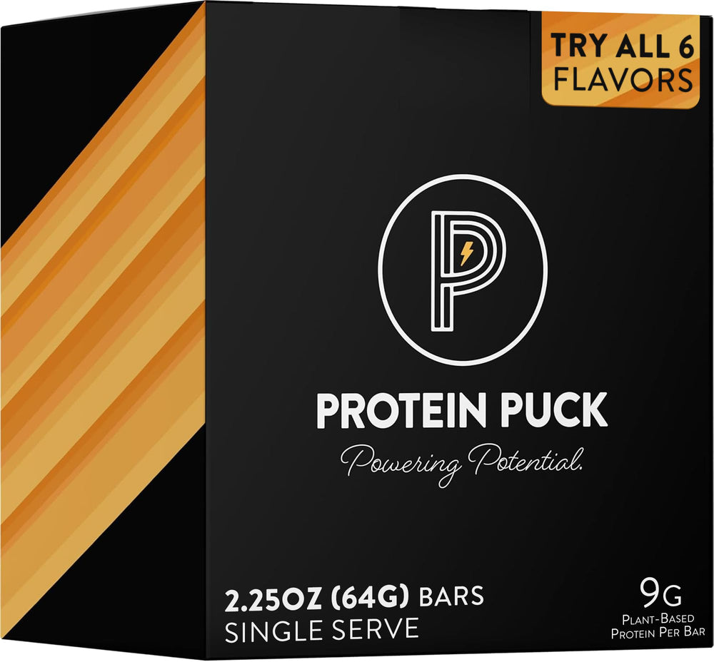 Protein Puck empaque frontal mostrando seis sabores y conveniencia para descubrir favoritos