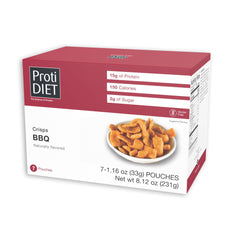 ProtiDIET caja frontal mostrando 7 pouches BBQ con conveniencia para llevar