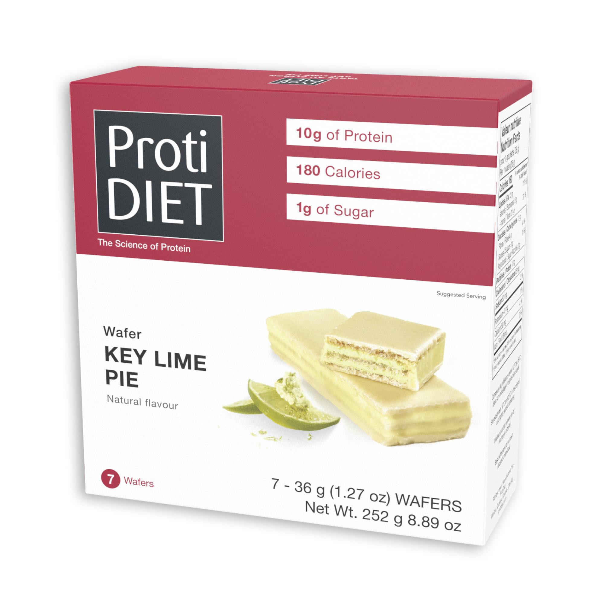 ProtiDIET frente del empaque mostrando caja de 7 obleas y conveniencia