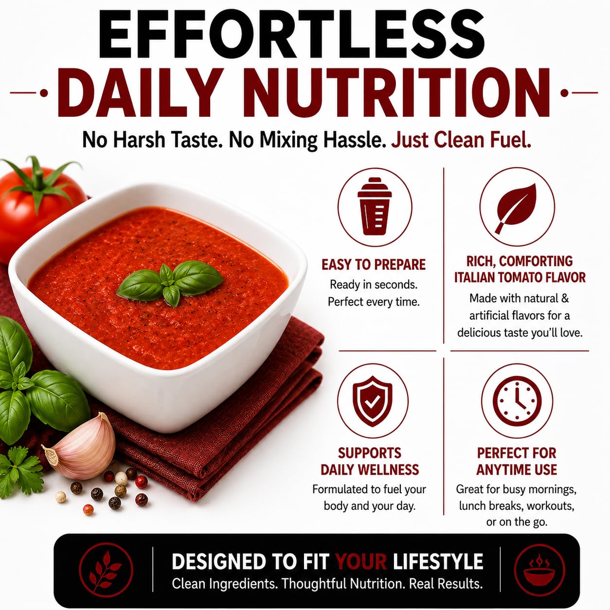 Escena de cocina con ProtiFit Tomate Italiano preparada, idea de comida rápida y saludable