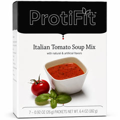 ProtiFit envase frontal de sopa Tomate Italiano mostrando etiqueta y raciones