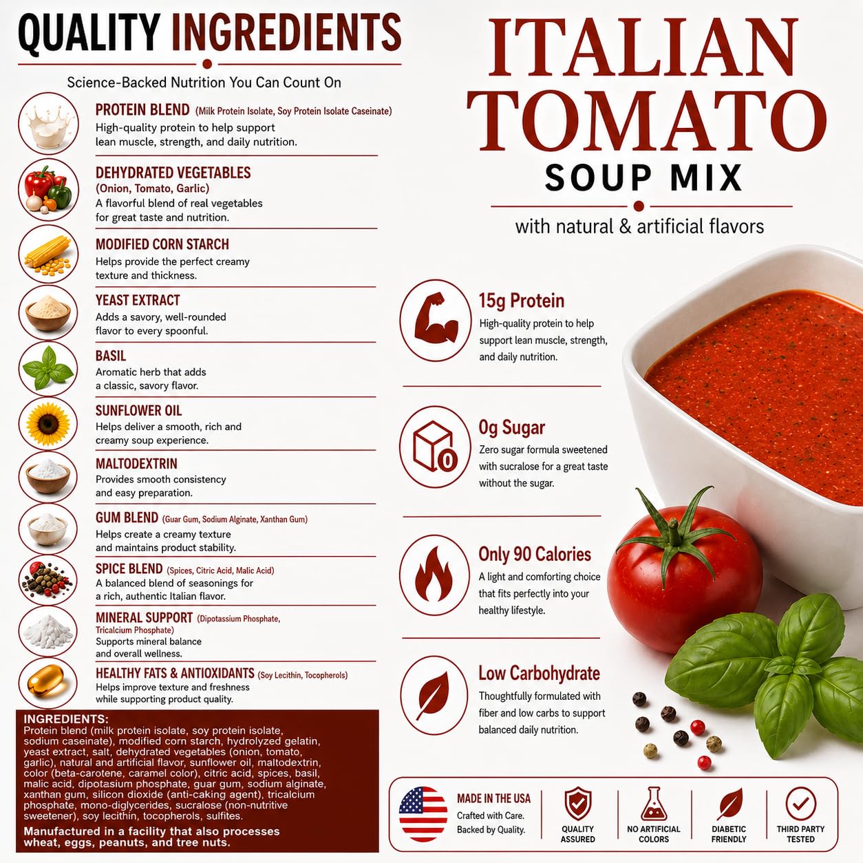 Taza de sopa ProtiFit Tomate Italiano lista para consumir, opción saciante y baja en calorías