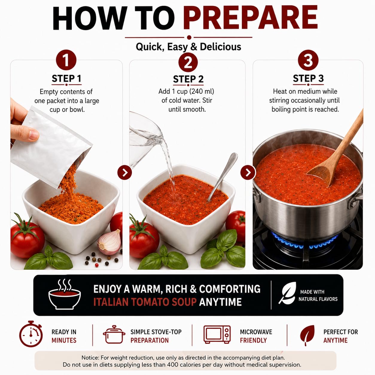 Cierre de la textura de la sopa ProtiFit Tomate Italiano mostrando consistencia y sabor