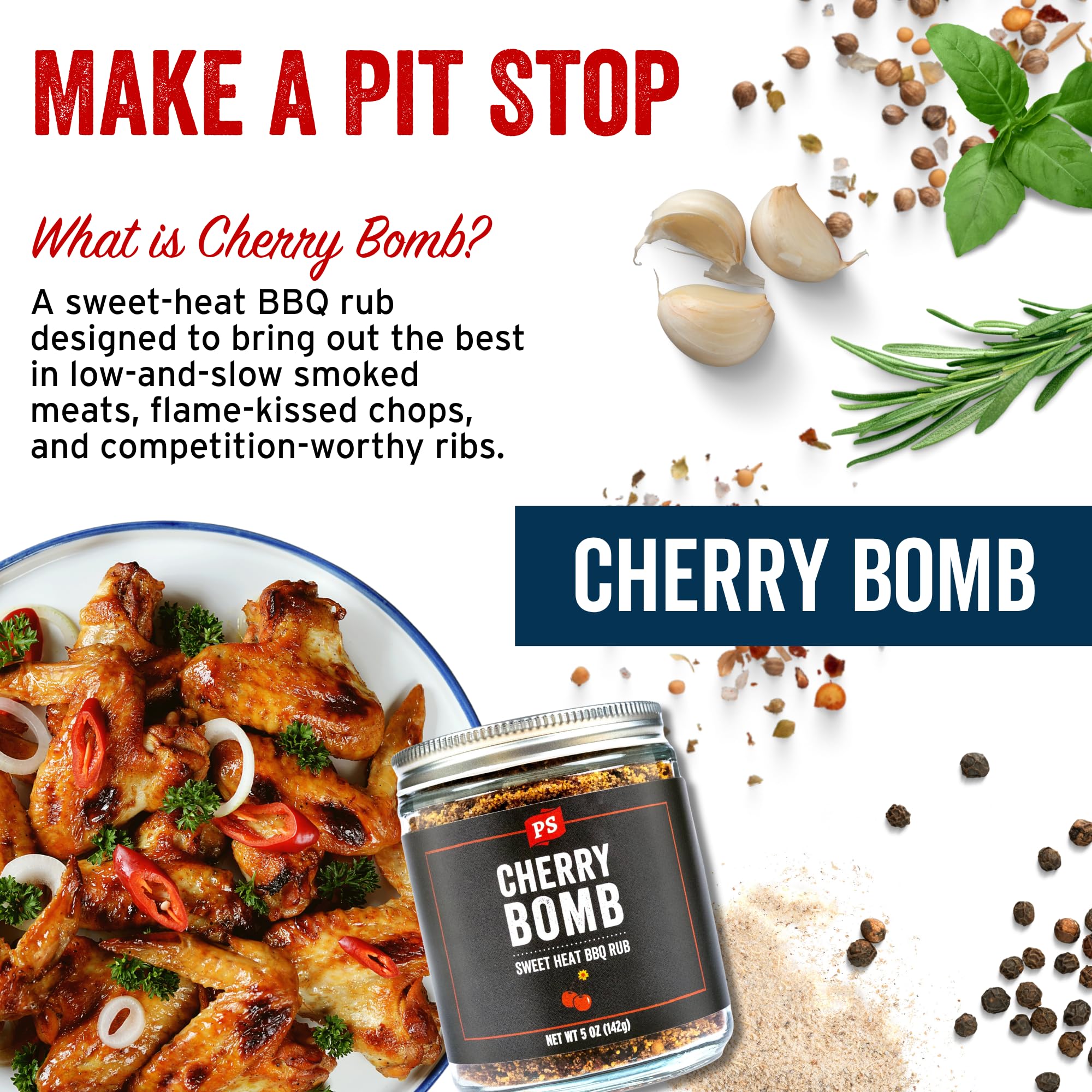PS Seasoning Cherry Bomb etiqueta con lista de ingredientes y beneficios claros