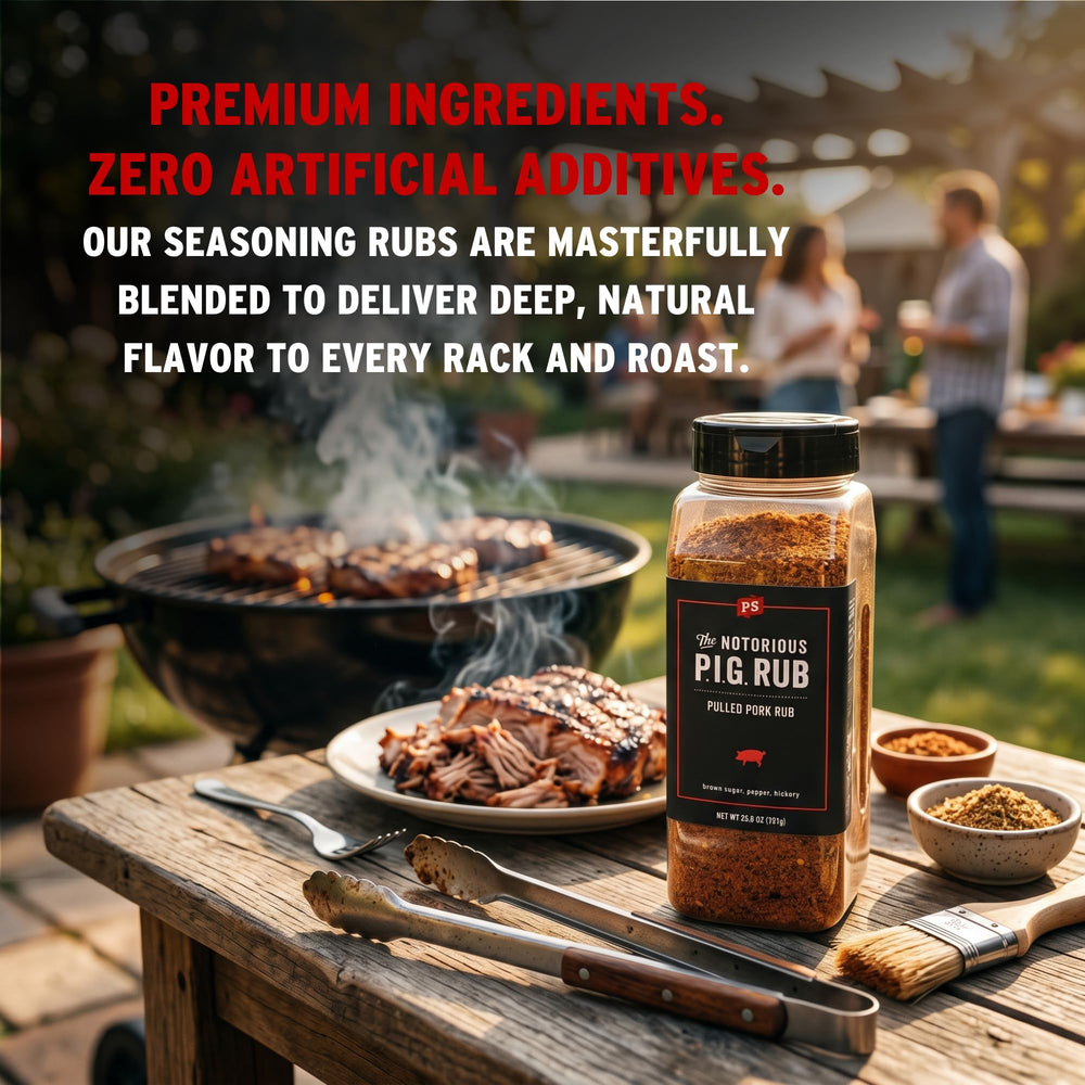PS Seasoning etiqueta con ingredientes hechos en EE. UU., confianza en calidad
