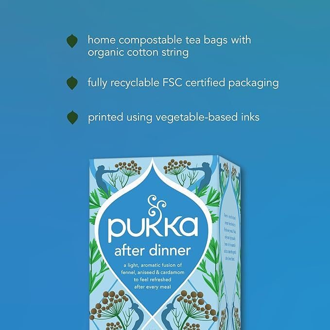 Pukka etiqueta con certificaciones orgánicas y comercio justo visibles