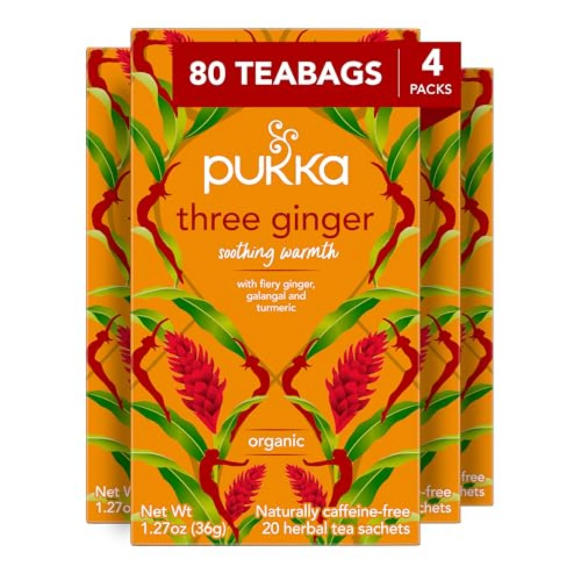 Pukka paquete frontal mostrando 80 bolsitas y conveniencia para consumo diario