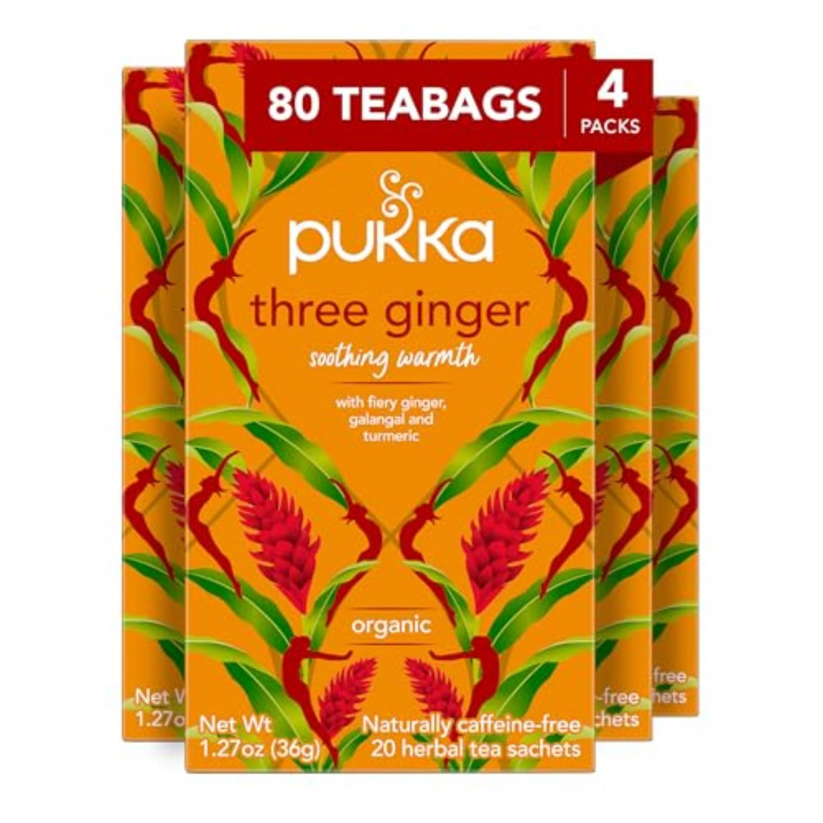 Pukka paquete frontal mostrando 80 bolsitas y conveniencia para consumo diario