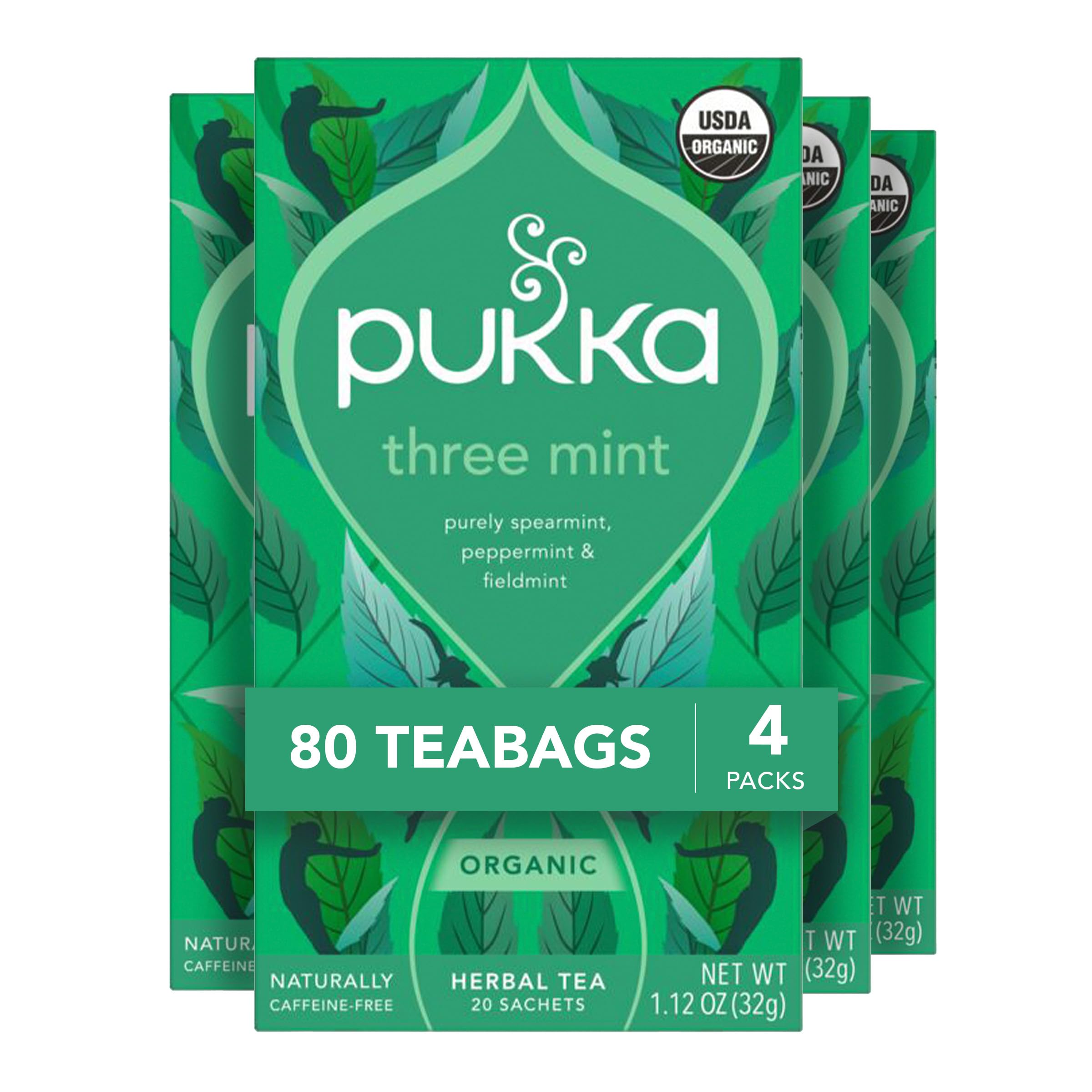 Pukka caja frontal mostrando 80 bolsitas y diseño orgánico, ofrece conveniencia