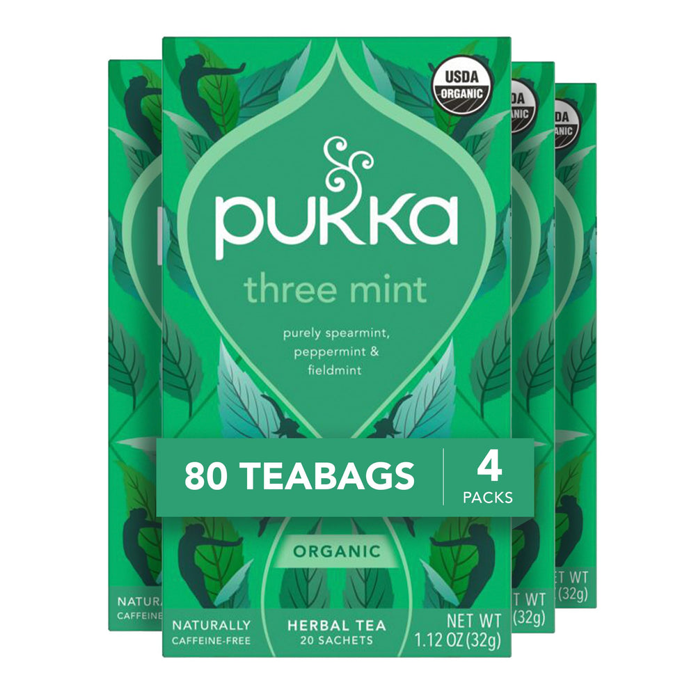 Pukka caja frontal mostrando 80 bolsitas y diseño orgánico, ofrece conveniencia