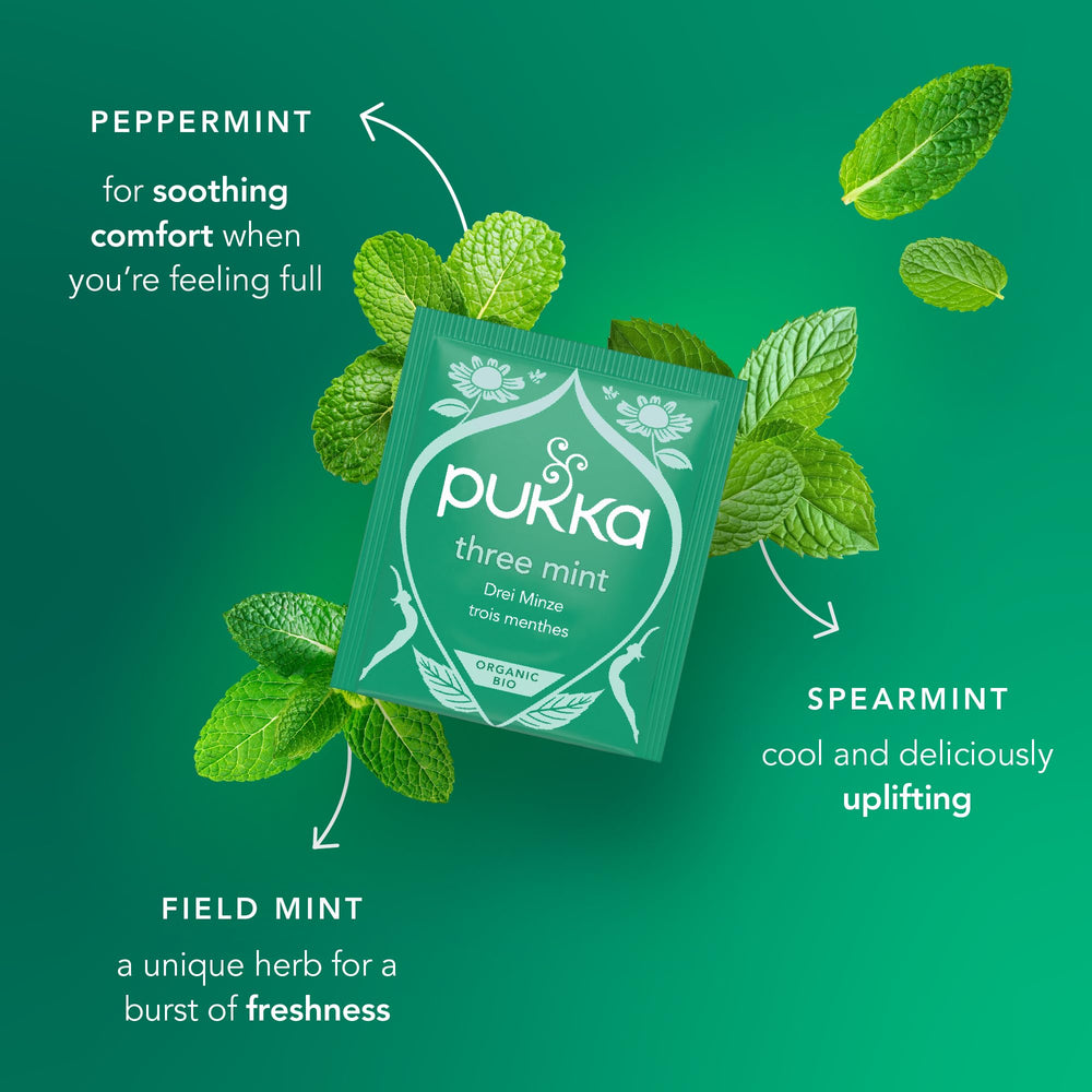 Pukka taza humeante de Three Mint preparada, transmite frescura y confort