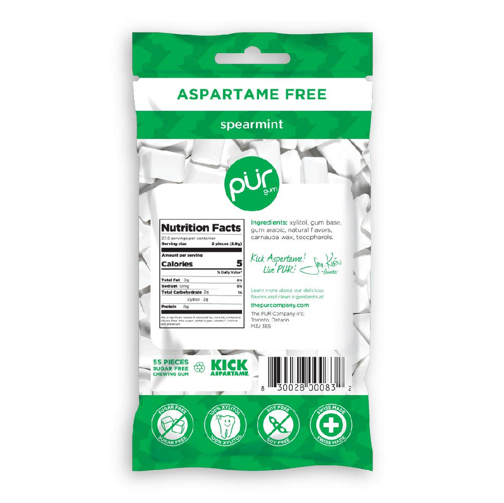 PUR Gum comparación de porción mostrando aproximadamente 55 piezas
