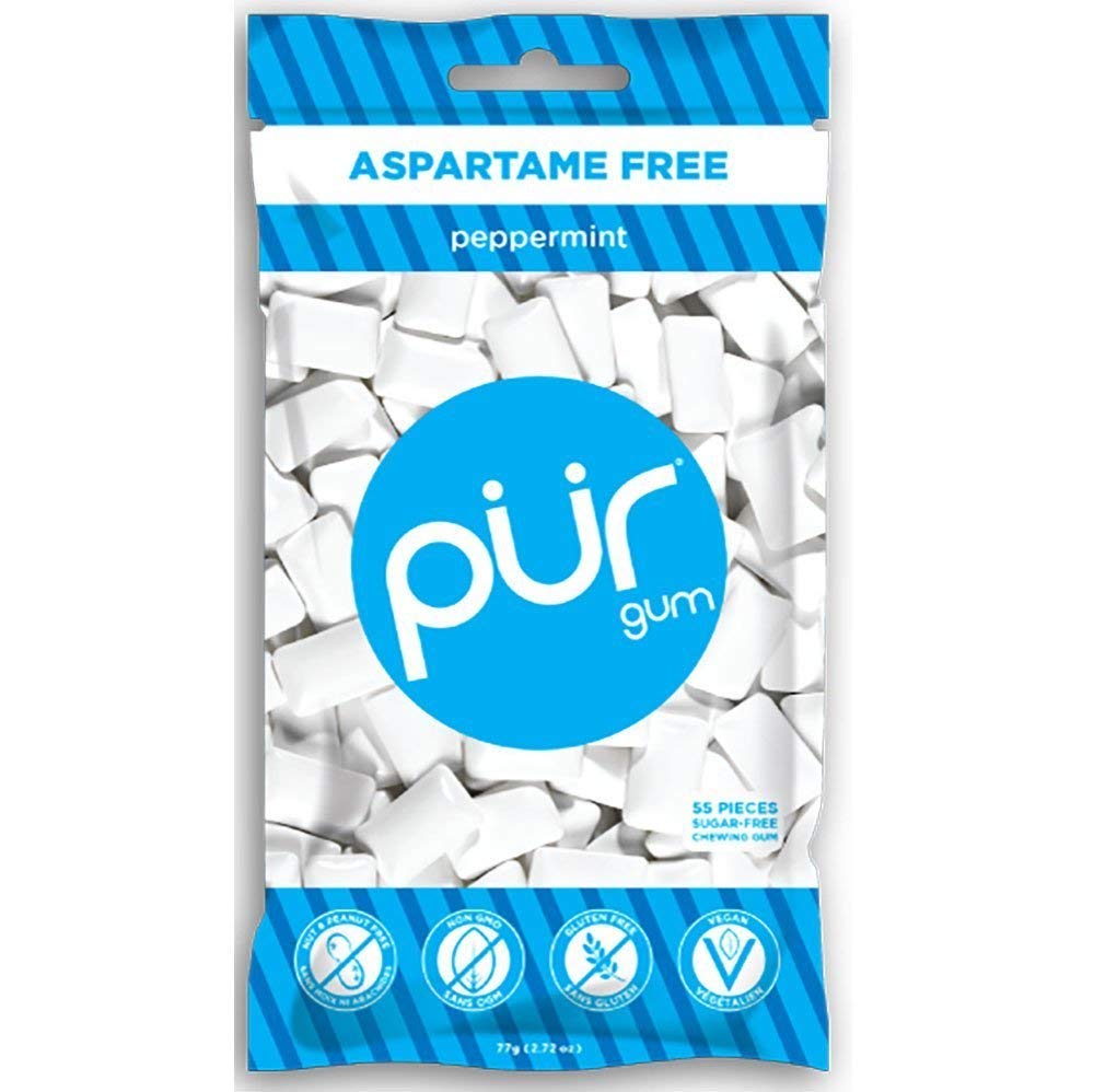 PUR Gum paquete frontal mostrando bolsas y beneficio conveniencia