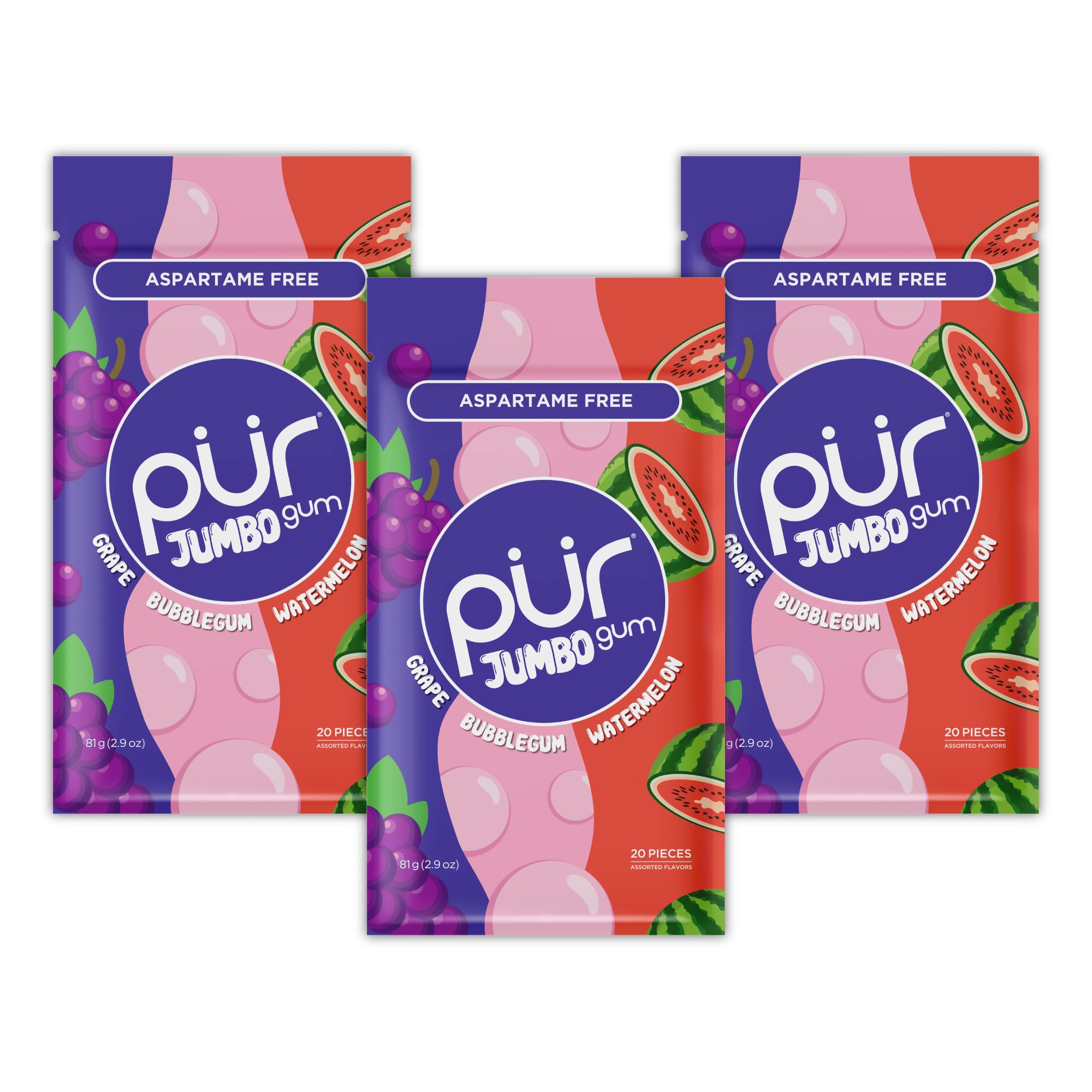 PUR Gum frente del empaque mostrando sabores y bolsa resellable, útil para elección rápida