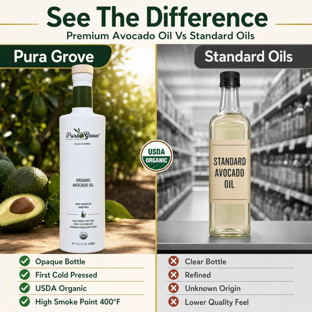 Pura Grove botella junto a manos para comparar tamaño y porción diaria