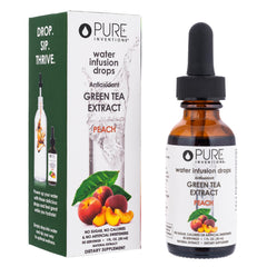 Pure Inventions botella de vidrio frente con etiqueta clara y beneficio sabor durazno