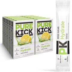 PURE KICK empaque frontal limón refrescante, facilita hidratación sin azúcar