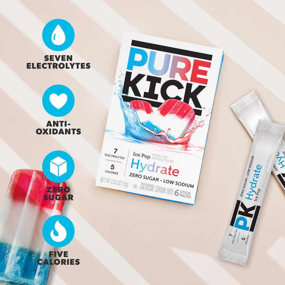 PURE KICK en botella durante uso, agitada y lista para beber con sabor refrescante