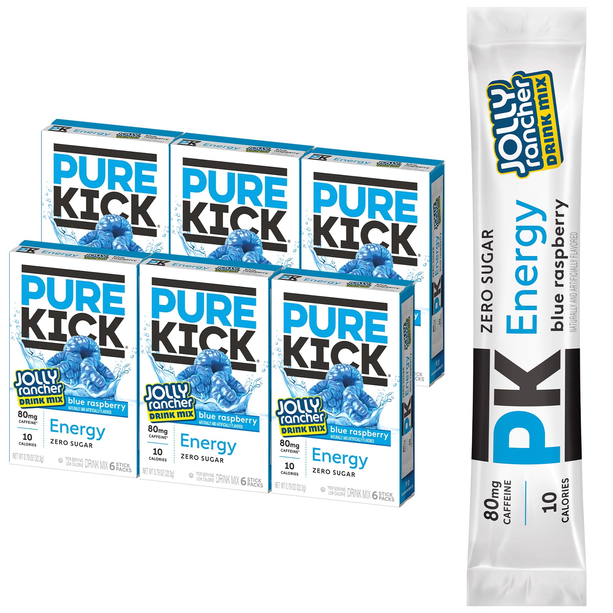Pure Kick frontal del paquete con sobres, muestra conveniencia y sabor
