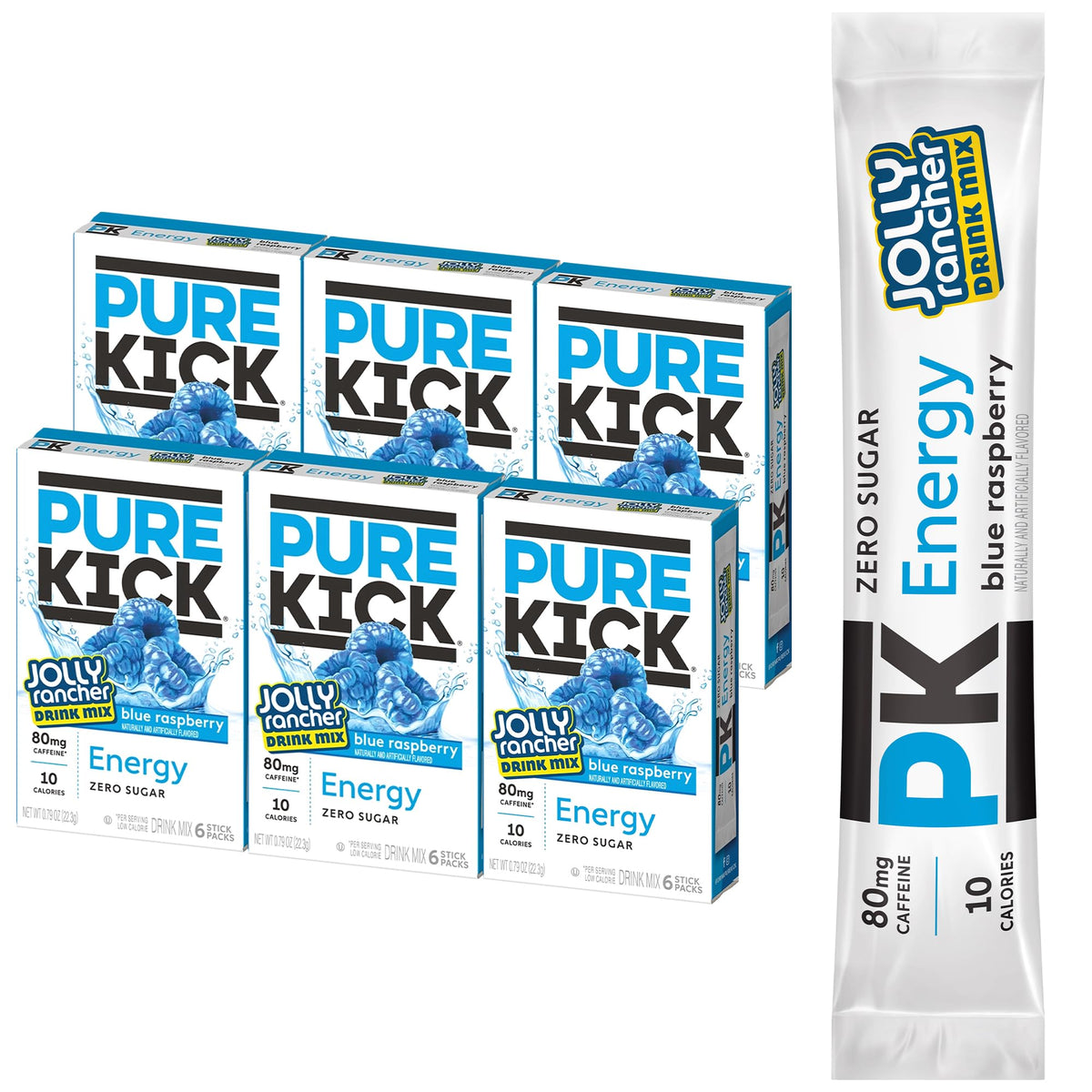 Pure Kick frontal del paquete con sobres, muestra conveniencia y sabor