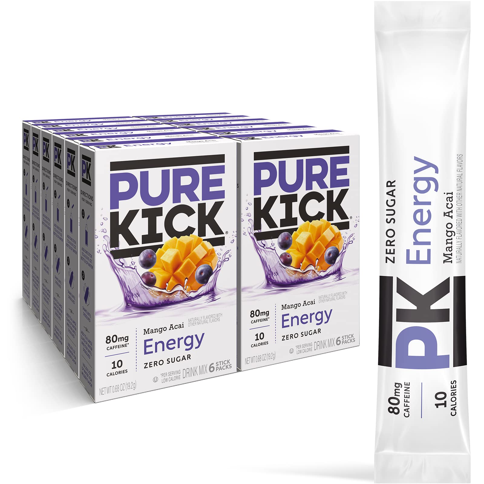 PURE KICK frente del empaque mostrando cajas y cantidad, conveniente y portable