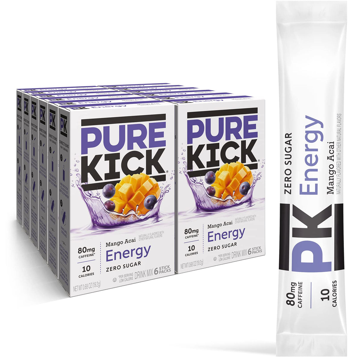 PURE KICK frente del empaque mostrando cajas y cantidad, conveniente y portable