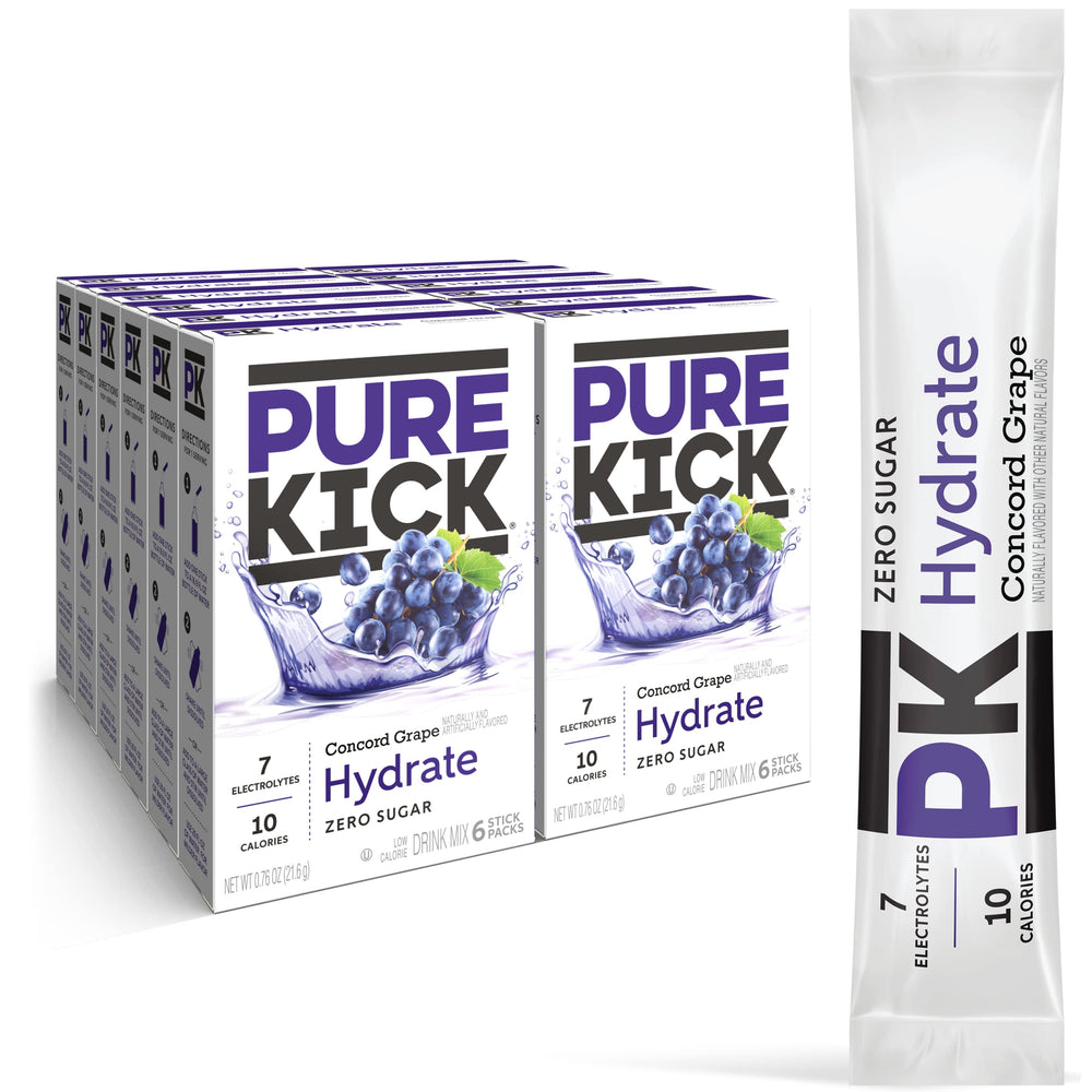 Pure Kick presentación frontal Concord Grape mostrando caja y sobres, conveniencia para llevar