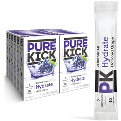 Pure Kick presentación frontal Concord Grape mostrando caja y sobres, conveniencia para llevar