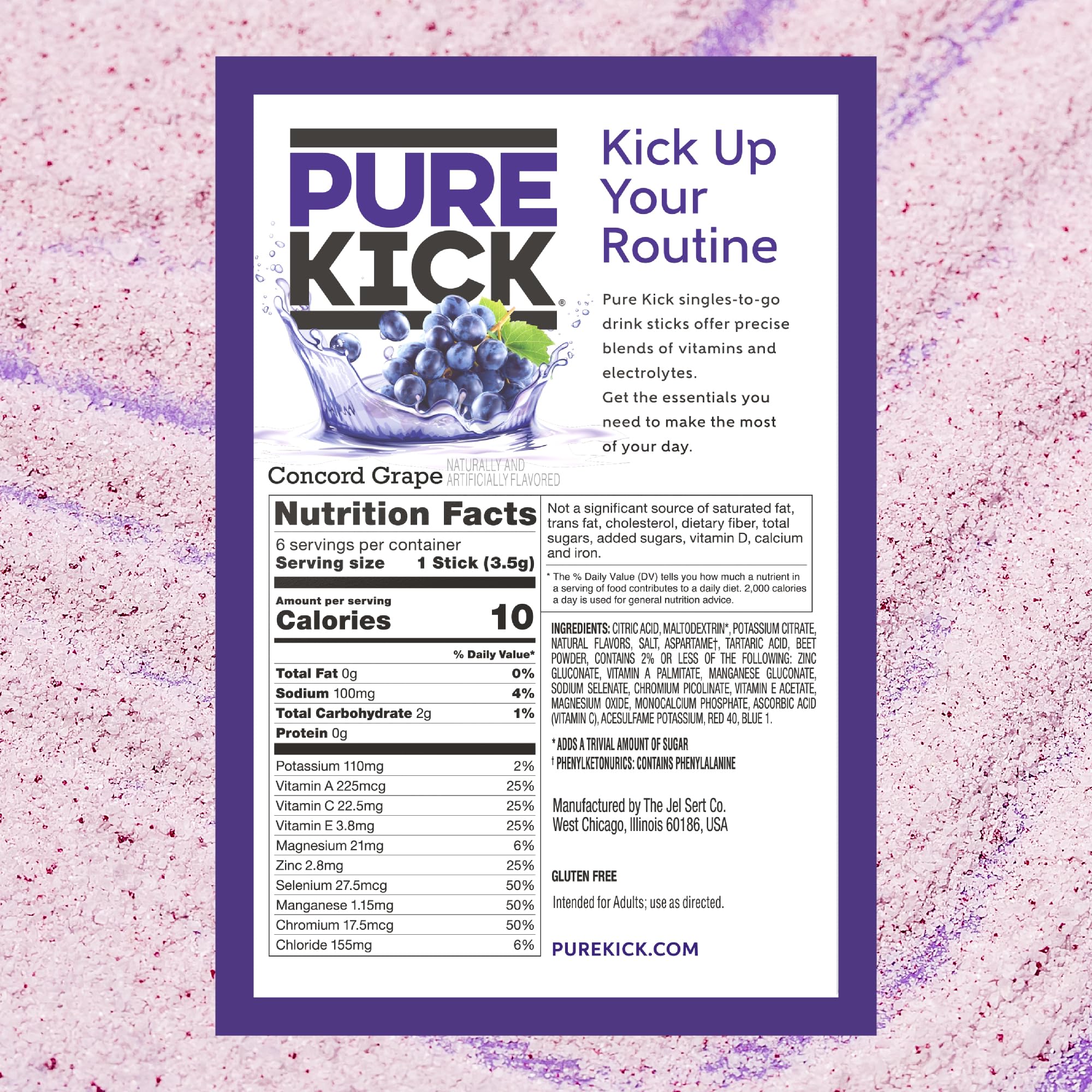 Pure Kick sobre abierto con polvo morado, visualizando textura y disolución fácil